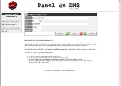 Modificación de las Zonas DNS en el panel de DNS